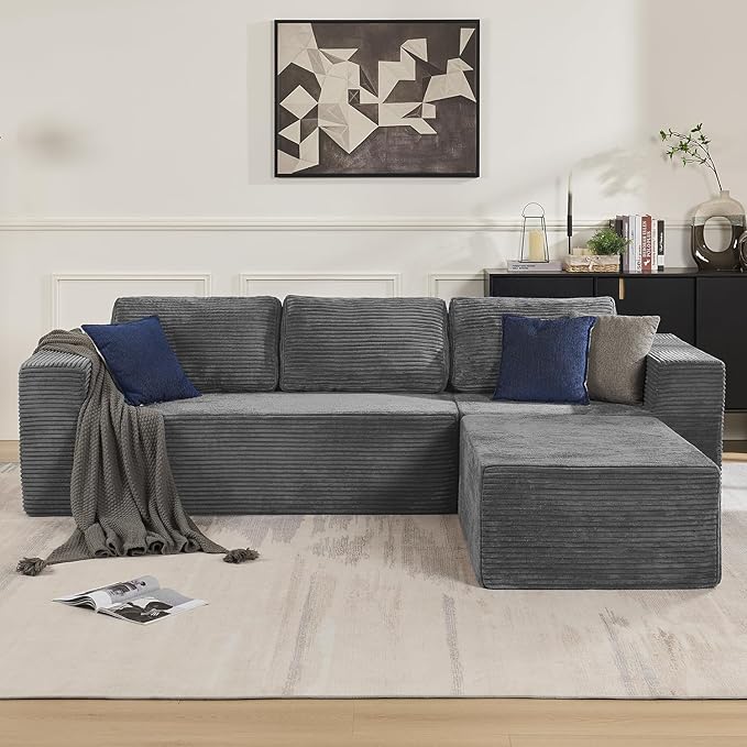 40" Modular Sectional Sofa, Upholstered Floor Sofa Couch with Pillow, Bean Bag Chair for Bedroom Living Room, No Assembly Required (Plush Corduroy Fabric, Grey)