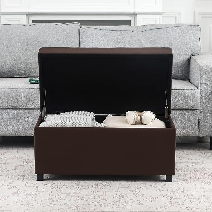 Joveco 32" Leather Storage Ottoman Bench, Rectangle Foot Rest Stool for Living Room, Bedroom, Entryway, Brown