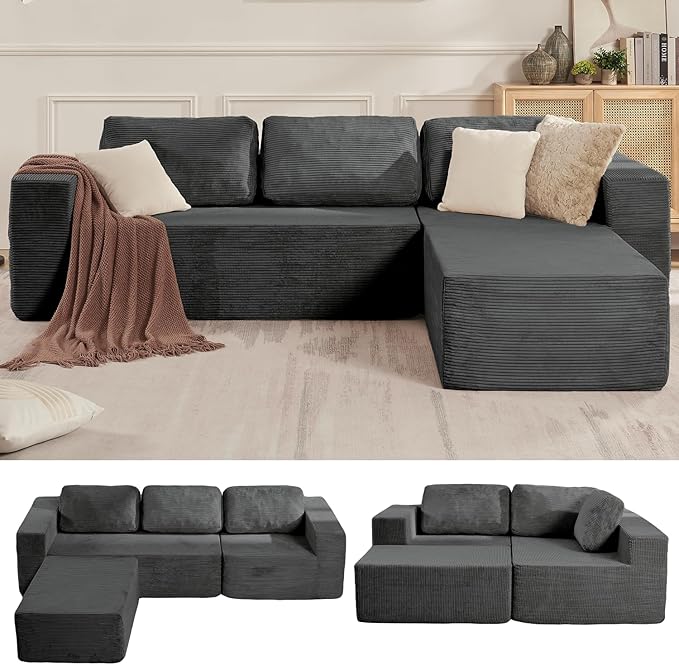 106" Cloud Sectional Couch, Left/Right Facing Convertible Sofa with Deep Seat, L-Shape Modular Upholstered Foam Couch for Living Room Bedroom, No Assembly Required (Corduroy Fabric, Grey)