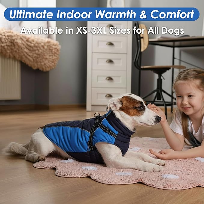 ASENKU Reflective Dog Coat with Built-in Harness, Windproof Fleece-Lined Dog Jacket for Small, Medium, Large Dogs, Warm Winter Vest with Turtleneck & Zipper (Navyblue XL)