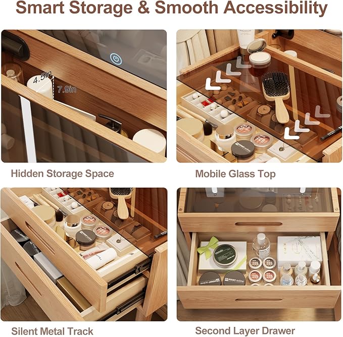 Solid Wood Small Vanity Desk with Mirror and Lights, Narrow Makeup Vanity for Small Space, Flip Top Vanity Side Table, 3 Color Modes & Adjustable Brightness, 19.6" Slim Dressing Table, Natural