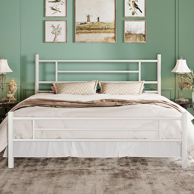 SHA CERLIN 14 Inch King Size Metal Bed Frame with Iron-Art Headboard and Footboard,Under Bed Storage Space,Platform Bed with Metal Slats Support,Easy Assembly,Noise Free,No Box Spring Needed,White