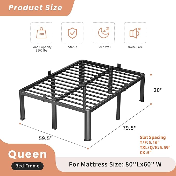 20 Inch Queen Heavy Duty 3500 lbs Bed Frame with Round-Corner Legs & Anti-Squeak Design – Quick Assembly Metal Platform, No Box Spring Needed