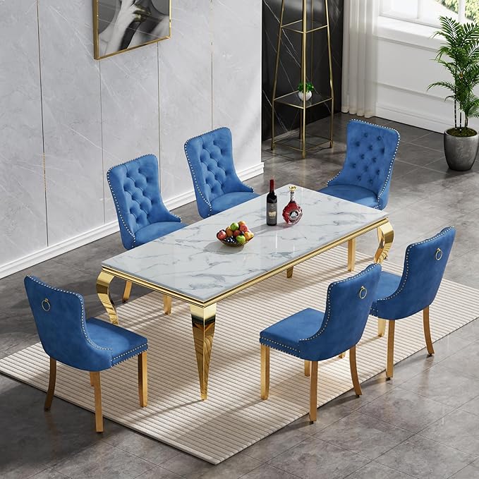 70" Marble Dining Table Set for 6, Modern 7 Piece Dining Room Table Set with White Faux Marble Dining Table & 6 Blue Velvet Upholstered Chairs, Luxury Gold Kitchen Table Chairs Set of 6