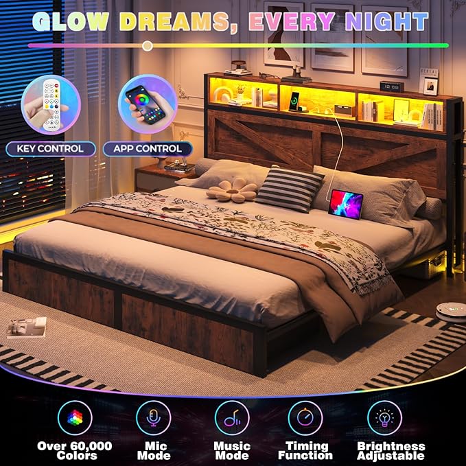 Farmhouse King Bed Frame with Bookcase Storage Headboard, Charging Station, LED Light and 2 Storage Drawers, Noise Free, No Box Spring Needed, Brown