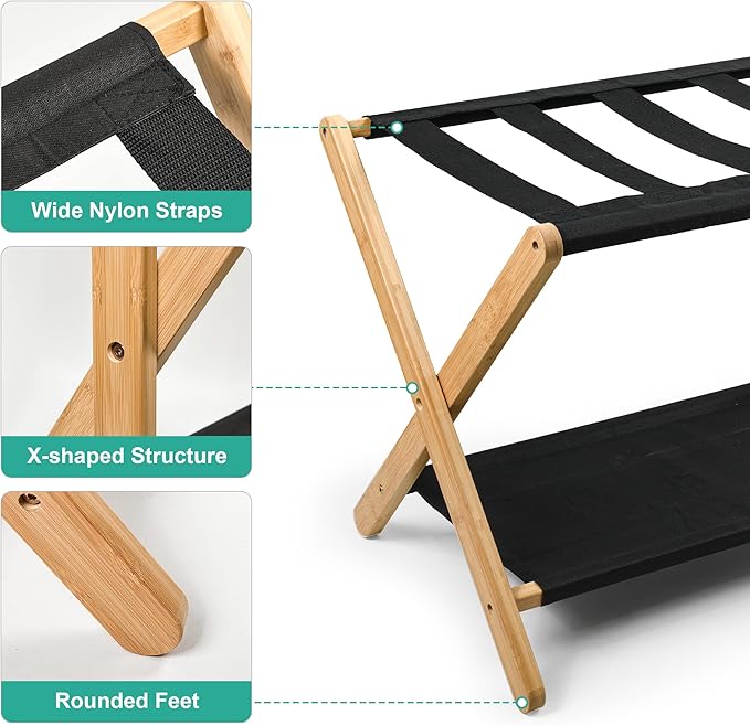 VASMIA Luggage Rack, Folding Suitcase Stand with Storage Shelf,Bamboo Luggage Stand for Guest Room,Bedroon and Hotel,Holds up to 131 lb,Fit Most Luggage Size,Natural