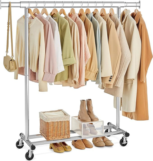 SONGMICS Clothes Rack with Wheels, Heavy-Duty Clothing Rack for Hanging Clothes, Portable, 17.7 x (36.2-52) x 63.6 Inches, with Extendable Rail, 220 lb Load Capacity, Silver UHSR13SV1