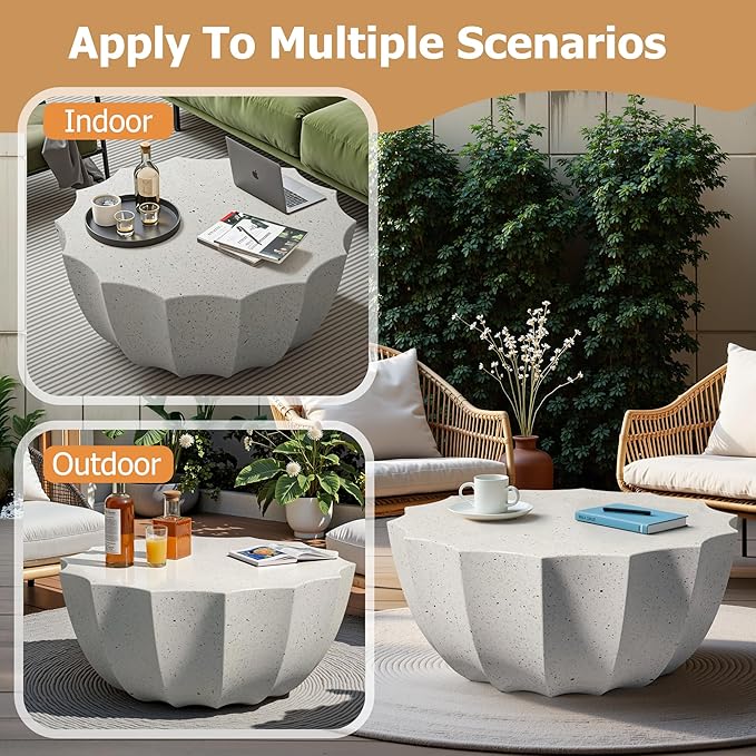 35" Outdoor Round Coffee Table Modern Stylish Design Waterproof & Moisture-Proof No Assembly Required Outdoor Coffee Table for Patio, Garden, Backyards - US Warehouse (White)