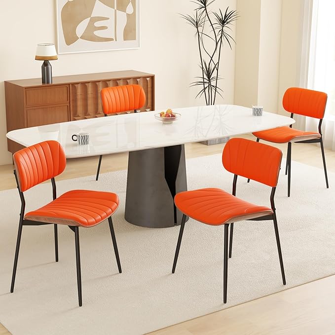 Modern PU Leather Dining Room Chairs Set of 4, Upholstered Kitchen Chairs with Walnut Bentwood Back and Metal Legs Adjustable Feet for Kitchen Dining Room(Orange)