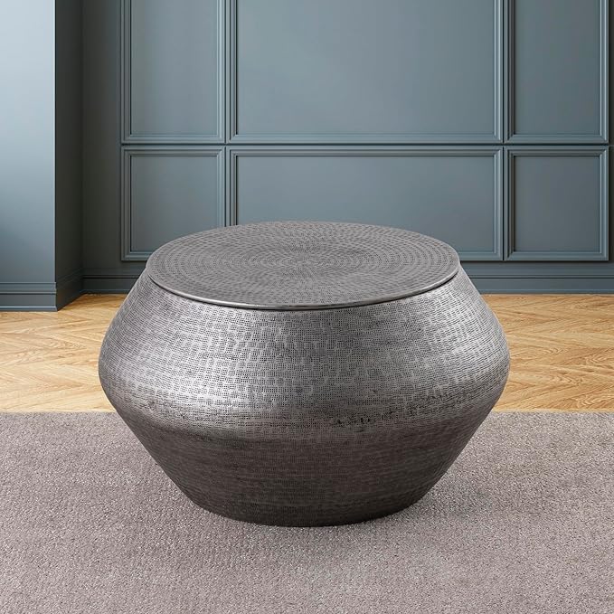 Albany Living Modern Cylindrical Aluminum Hammered Embossed Texturing, Metal Drum Coffee Table with Removable Lid for Storage,Fully Assembled, for The Living Room and Bedroom, Gray