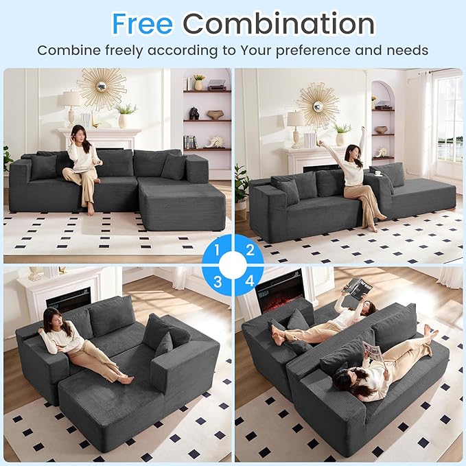 PUREMIND 106" Cloud Sectional Couch for Living Room, Corduroy L Shape Sofa with Deep Seat, Modular Boneless Foam Couch Corner Couches No Assembly Required