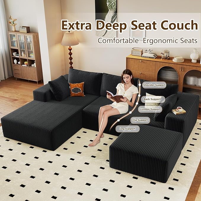 96" U-Shape Cloud Couch, Modern Modular Sectional L-Shape Sofa with Ottoman, Corduroy Upholstered Couches Deep Seat Sleeper Chaise Longue for Living Room, No Assembly Required(Black, Left Facing)