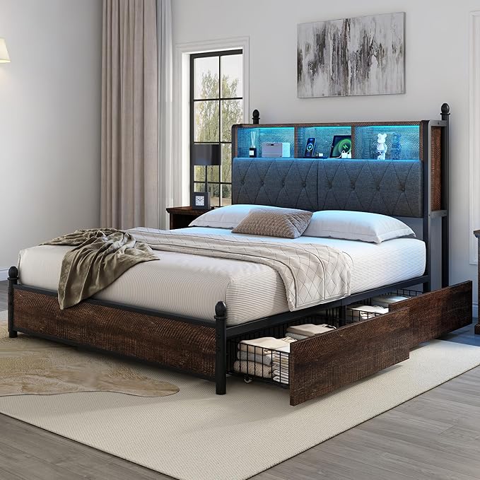 AMERLIFE Full Size Bed Frame with Bookcase Headboard, 4 Storage Drawers, Wooden Platform Bed with Charging Station & LED Light, No Box Spring Needed, Noise-Free, Rustic Brown