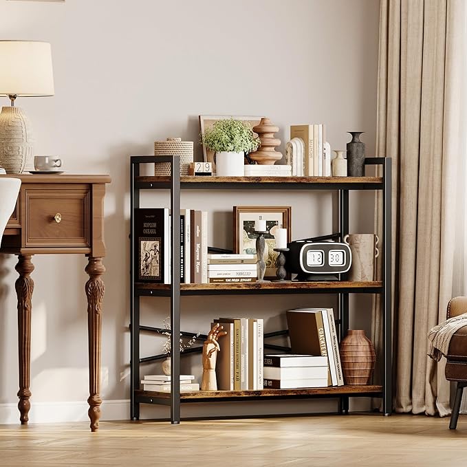 Book Shelf, 3 Tier Bookshelf 31.49" Width, Book Shelf Storage and Organization, Wooden and Metal Industrial Bookcase, Large Book Shelves for Home Living Room Bedroom Office Storage(Vintage)