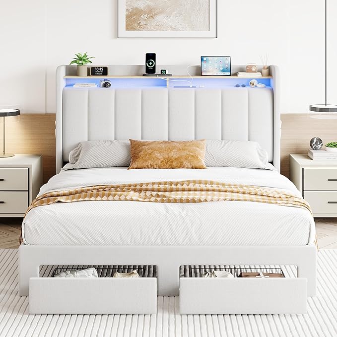 SHA CERLIN Velvet Queen Bed Frame with Vertical Channel Tufted Wingback Headboard & 2 Storage Drawers/2-Tier Shelves with LED Lights & Charging Station/Noise-Free/No Box Spring Needed/White