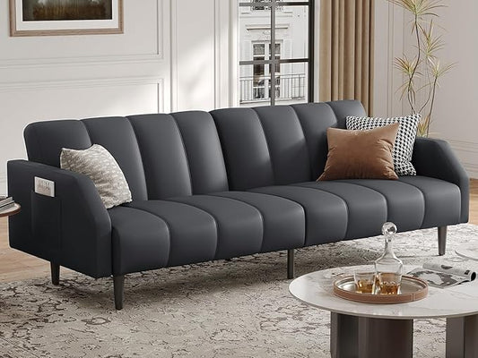 Fadware Faux Leather Couch, Convertible Futon Sofa Bed with Adjustable Backrest, Mid Century Leather Sofa Loveseat with Side Pockets& Metal Leg, Modern Leather Sleeper Sofa for Living Room Bedroom