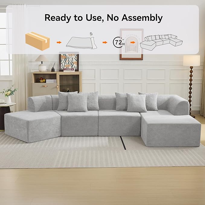 140''Oversized Cloud Velvet Curved Sectional Couch, Boneless Couch with L-Shape Chaise, Upholstered Compression Memory Foam Modular Sectional Sofa for Living Room, No Assembly Required, Grey