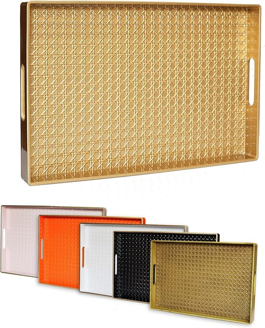 Gold Decorative Coffee Table Tray, Rectangular Plastic Serving Tray with Handles for Living Room, Ottoman, Bathroom, 15.7"*10.2"