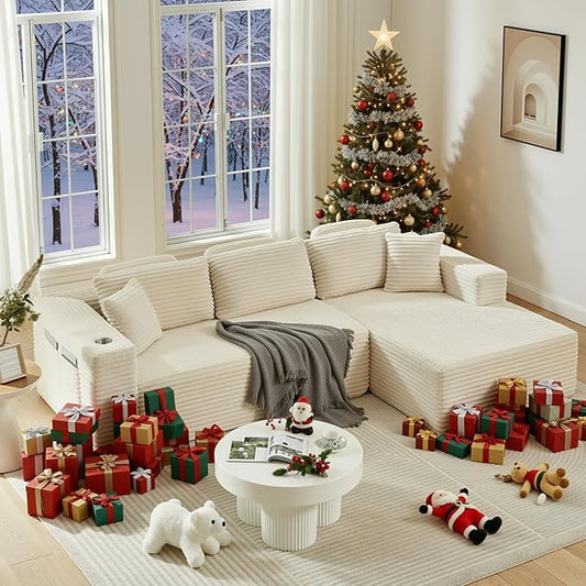 108" Boneless Couch, Cloud Couch Modular Sectional Sofa with Deeper Seat, L-Shaped Sofa with 4 Storage Pockets, Comfy Corduroy Couches for Living Room (Right Facing Chaise, Beige)