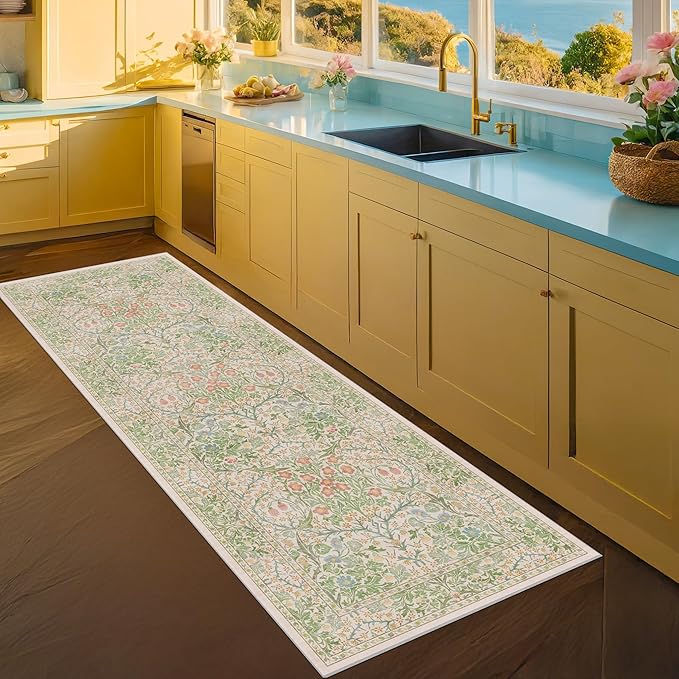 Non Slip Beige Green Bathroom Runner Rug - Long Runner Rugs 24 x 72 Washable Kitchen Floor Mat, Laundry Room Rug, Hallway Runner - Vintage Floral Design Décor (2x6 Beige Green)