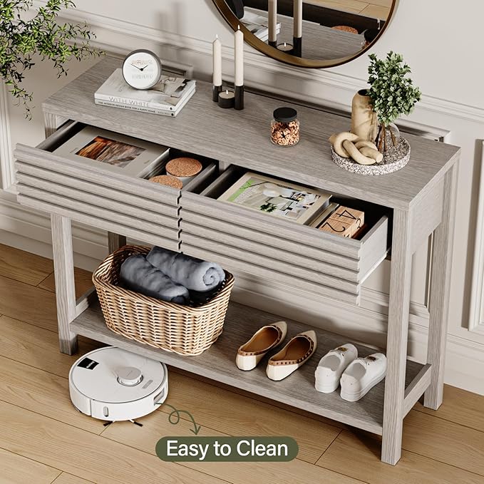EAG 40" Fluted Console Table with 2 Drawers, Modern Wood 2 Tier Entryway Table with Storage Shelf, Narrow Sofa Tables Behind Couch for Entrance Foyer, Hallway, Living Room, Gray