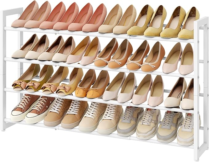 FAVOOSTY 4-Tier Expandable Shoe Rack, Adjustable Shoe Shelf Storage Organizer Space Saving Metal Free Standing Shoe Rack for Entryway Closet Doorway, White