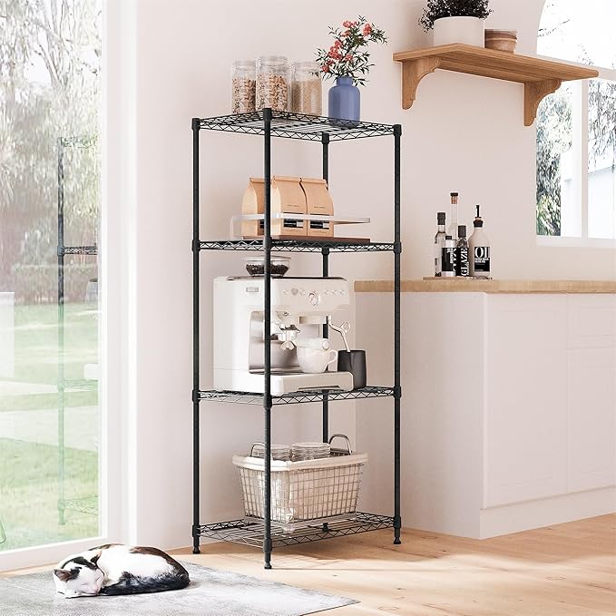 IZEUK 4-Tier Black Steel Storage Shelves, Heavy Duty Utility Wire Rack Organizer for Kitchen, Office, Home, 1000 lbs, 13.7" D x 23.6" W x 53.4" H