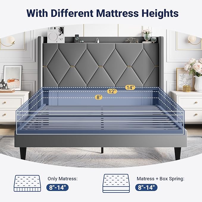 Allewie Velvet Queen Upholstered Bed Frame with Wingback Storage Headboard & Charging Station, Platform Bed with Diamond Tufted Design & Gold Trim, No Box Spring Needed, Easy Assembly, Grey