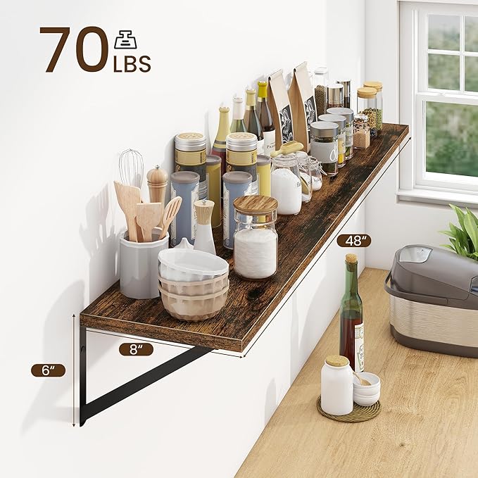 Fun Memories Deep Floating Shelves for Wall, 48W x 8D Wall Mounted Shelves Set of 2, Wide Display Ledge Shelf with Sturdy Metal Brackets for Living Room, Bathroom, Bedroom and Kitchen, Rustic Brown