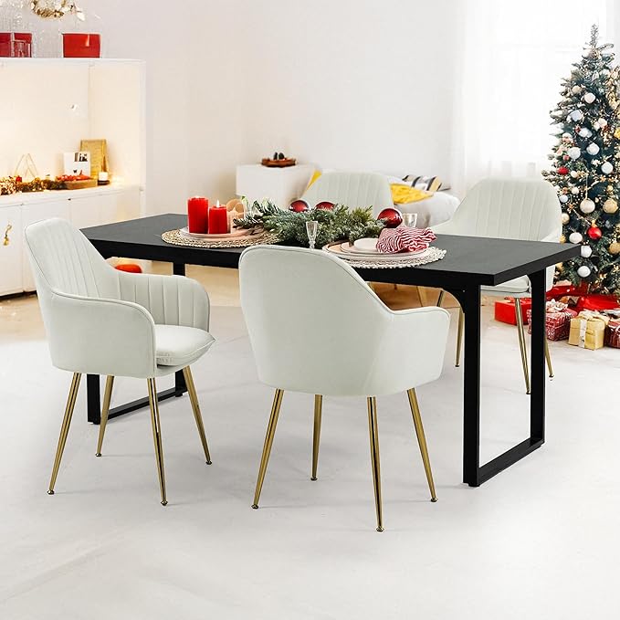 ECOTOUGE Matte Velvet Dining Chairs Set of 4, Modern Arm Chair with Golden Metal Legs, Living Room Accent Chairs for Kitchen, Beige