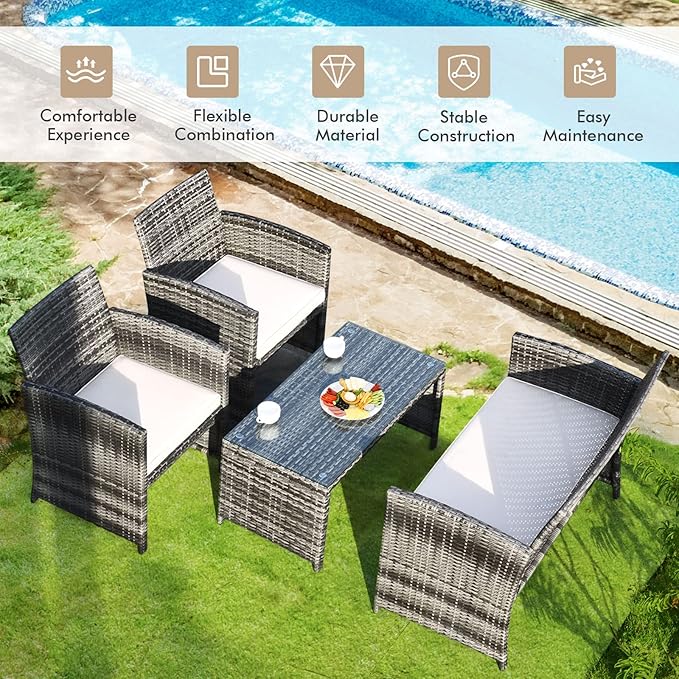 Goplus 4-Piece Rattan Patio Furniture Set, Outdoor Wicker Conversation Sofa with Weather Resistant Cushions and Tempered Glass Tabletop for Lawn Backyard Pool Garden (Beige)