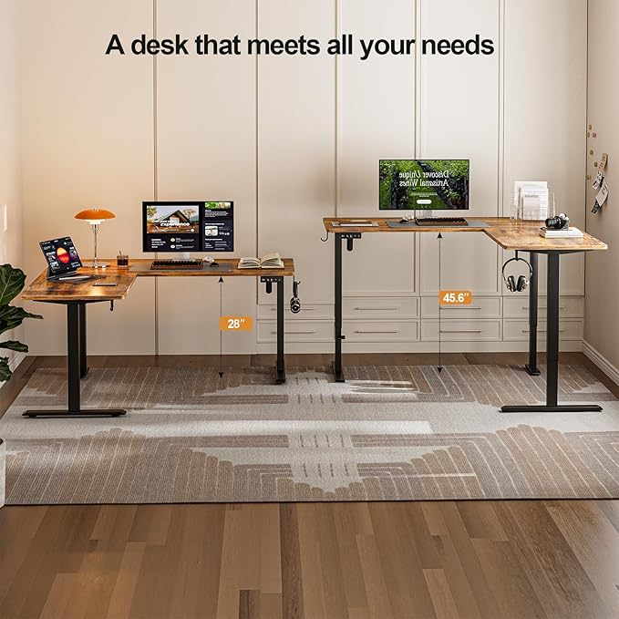 Grandder L Shaped Standing Desk Adjustable Height, Electric Standing Corner Desk, 63 Inch Sit Stand Computer Table with Splice Board, Rustic Brown