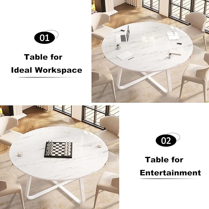 LVB White Faux Marble Round Dining Table, Circle Dining Table Kitchen 4-6 People, Mid-Century Pedestal Dinner Office Living Room, White Marble, 51 Inch