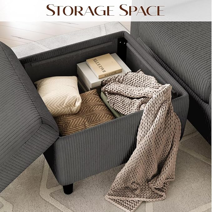 Sectional Couches for Living Room, L Shaped Couch with 2 Cup Holders, Small Sofa Corduroy Couch with Storage Ottoman, Modern 3 Seater Convertible Sofa for Apartment, Office, Dark Grey