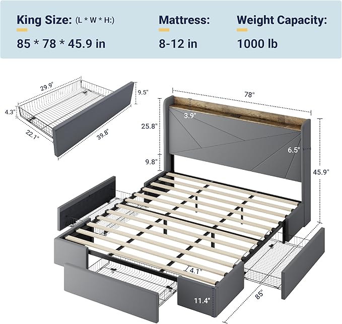 Allewie King Size Velvet Bed Frame with 3 Storage Drawers, Upholstered Platform Bed with Wingback Storage Headboard and USB Ports, No Box Spring Needed, Easy Assembly, Grey