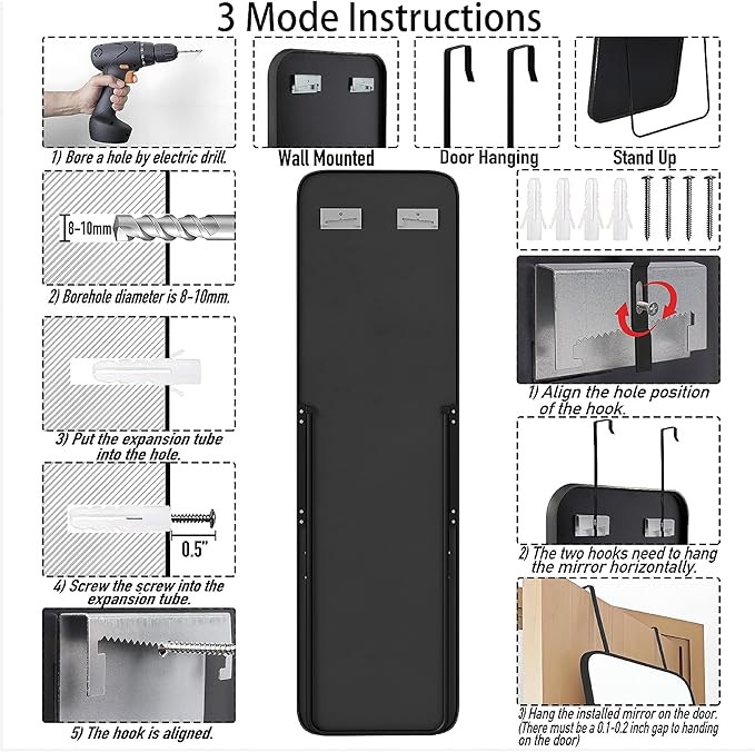 57x16 Door Hanging Full Length Mirror, Floor Stand (Height 5.7ft just Body in1.3ft) Wall Mounted Metal Frame Rectangle Dressing Mirrors for Bedroom Bathroom Room 57 inch Black