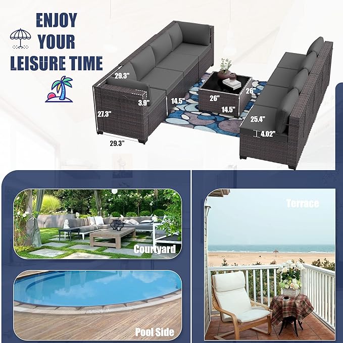 Kurapika 7 Pieces Patio Furniture Set, Rattan Wicker Outdoor Conversation Sets w/4 Inch Cushion and Glass Coffee Table(Grey)