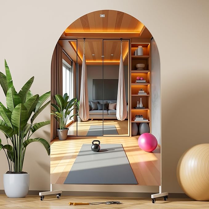 Hasipu 67" x 40" Arched Rolling Home Gym Mirror with Wheels, 360° Swivel Body Mirror with HD Tempered Glass, Large Floor Mirror for Yoga Room, Dance Studio, Bedroom & Home Gym
