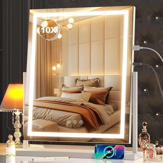 Hasipu Vanity Mirror with Lights, Lighted Makeup Mirror with 10X Magnification, Dimmable 3 Modes, Touch Screen Control, Led Makeup Mirror 17 x 22 Inch