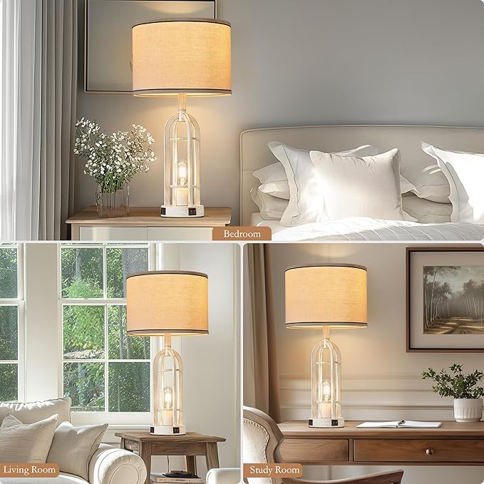 Farmhouse Table Lamps for Living Room Set of 2 - Rustic Industrial Lamps for Night Stands with Night Light & USB A+C, 24" Vintage Bedside Lamp for Bedroom, Bulbs Included