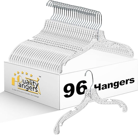 Quality Hangers 96 Pack Clear Plastic Hangers with Super Easy 360 Degree Swivel Hook – Shirt Hangers with Precision Notches for Secure Hanging – Slim Crystal Coat Hangers – 17 Inches (96, 17")