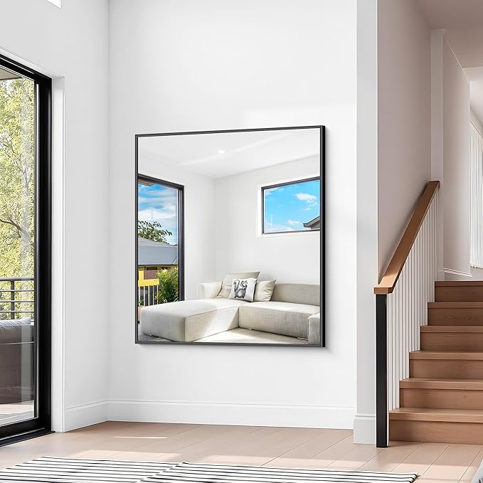 BONEWEI Bathroom Mirror,36x40 inch Wall Mirror for Bathroom Wall Mounted Black Rectangle Square Corner Mirrors, Black Bathroom Mirror for Living Room, Farmhouse, Bedroom Entryway, Horizontal/Vertical