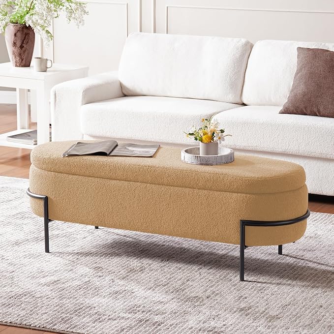 Sherpa Storage Ottoman Bench for Bedroom, Beige End of Bed Bench with Storage, Upholstered Boucle Storage Bench with Metal Stand and Hinges, Oval Ottoman for Living Room, 45 Inch