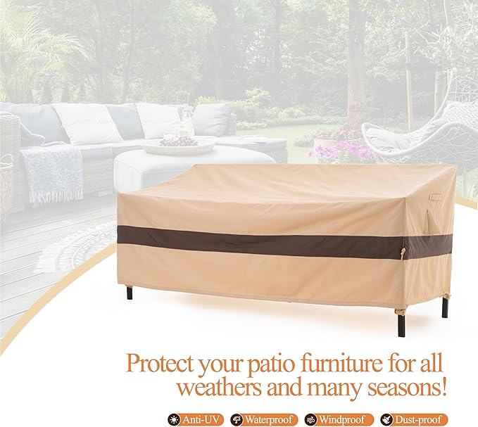 WJ-X3 3-Seater Patio Sofa Cover Waterproof, Heavy Duty Lawn Couch Cover UV Resistant, Porch Furniture Sets Cover Anti-Fading, High Wind Resistant, 93W x 42D x 42H Inches, Beige & Coffee