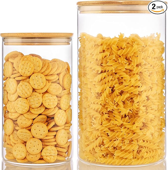 Extra Large Glass Flour and Sugar Storage Containers with Airtight Lid,132 floz x1 & 65 floz x1 [Set of 2] Big Glass Jars with Bamboo Lids, Air Tight Food Jar for Cereal, Pasta, Rice, Coffee