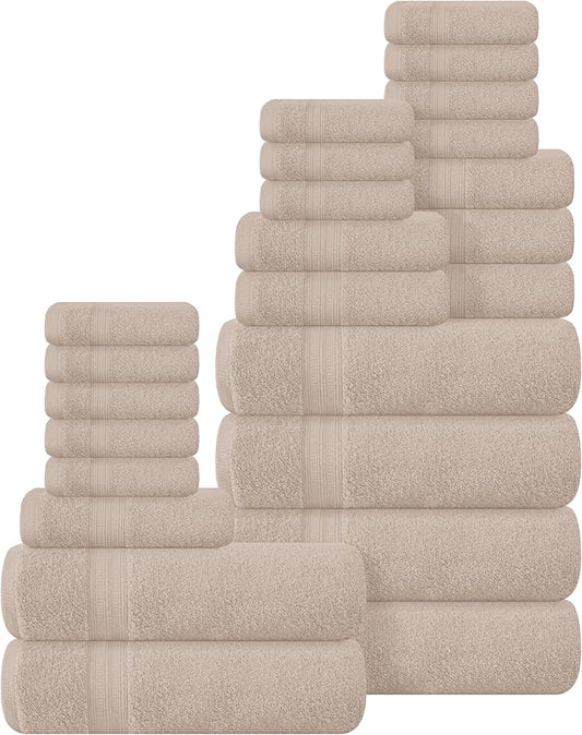 BOUTIQUO 24 Pack Cotton Towel Set, Contains 6 Bath Towels 27x54 inch, 6 Hand Towels 16x24 inch & 12 Wash Coths 12x12 inch, Ideal Everyday use, Ultra Soft Compact & Lightweight - Tan