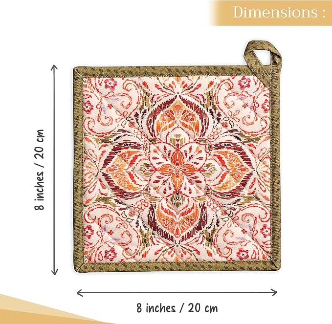 Maison d' Hermine Pot Holders Set 100% Cotton Heat Resistant Potholders 8" x 8" Hot Pads with Loop for Thanksgiving Christmas Decorations BBQ Cooking Baking Handling Hot Pans (Pack of 2, Damask)