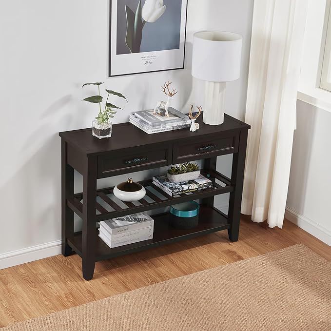 Retro Design Console Table with Two Open Shelves, Pine Solid Wood Frame and Legs for Living Room