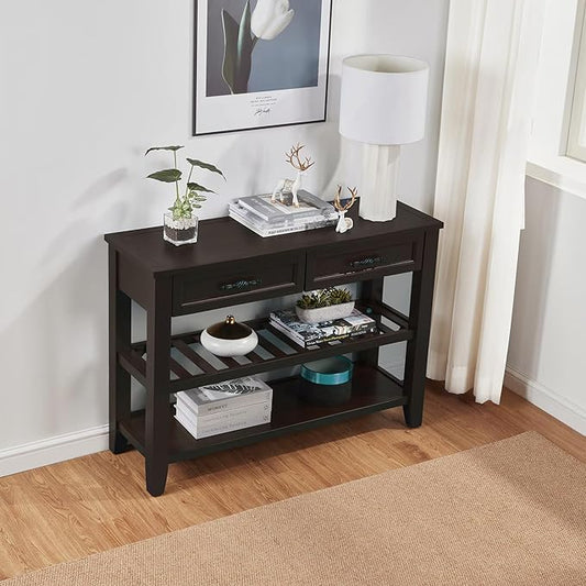 Retro Design Console Table with Two Open Shelves, Pine Solid Wood Frame and Legs for Living Room