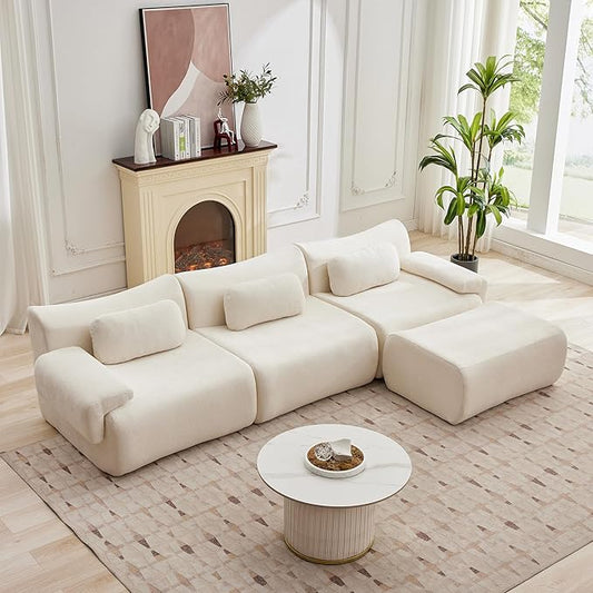 117”L Shaped Modern Sofa Modular Sectional Cloud Couch with Ottoman,Oversized Boneless Sofa,3+1 Seater Chenille Deep-Seat Sofa with 3 Pillows,Suitable for Living Room or Bedroom(White)